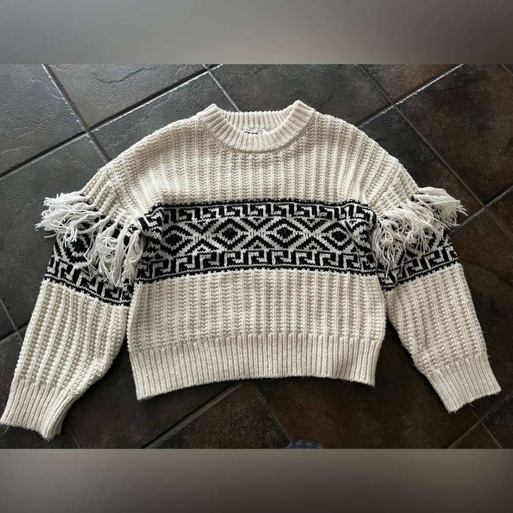 DEX Boho Fringe Chunky Knit Sweater Black Cream Cozy Western Medium
